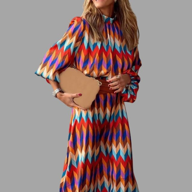 Nela - Modisches Langarm Midikleid mit Gürtel und Stehkragen