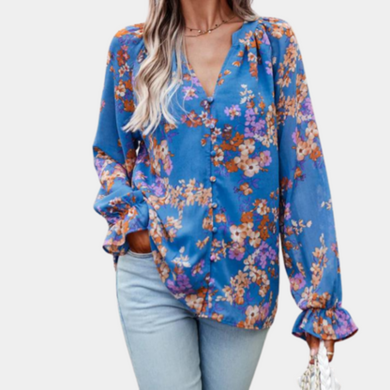 Clara – Blumenmuster V-Ausschnitt Bluse mit Knöpfe und lange Ärmel