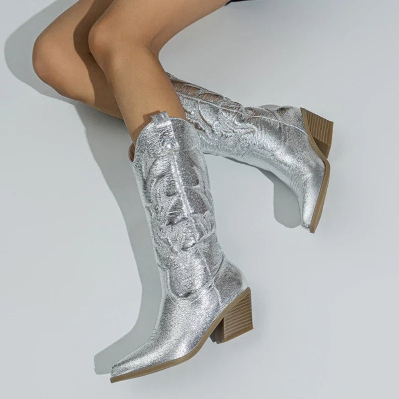Laura - Gesticktes Gestaltung Mittlere Wade Stiefel mit rutschfester Sohle