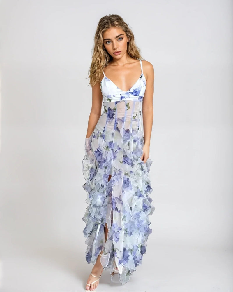 Marlene – Stilvolles ärmelloses Longkleid mit Rüschen und Spaghettiträgern
