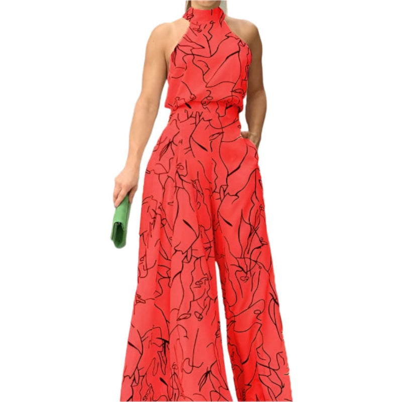 Eleni – Einzigartiger bedruckter Overall mit weitem Bein und Taschen