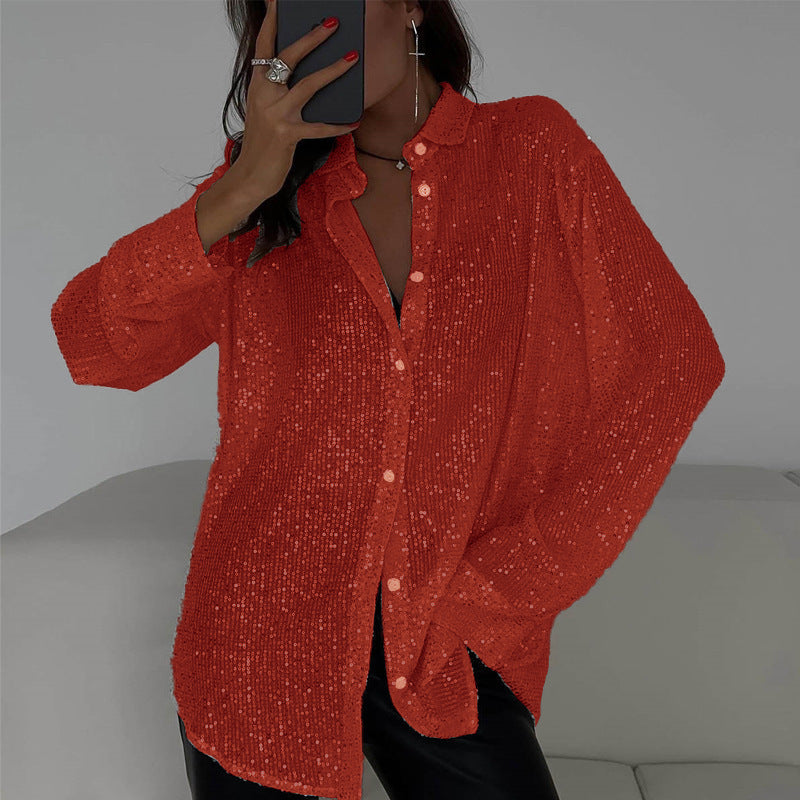 Elena - Langärmliges Paillettenhemd mit Reversdesign und Button-Down-Verschluss