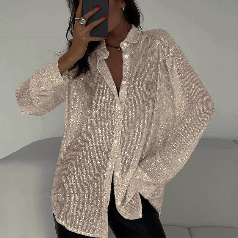 Elena - Langärmliges Paillettenhemd mit Reversdesign und Button-Down-Verschluss
