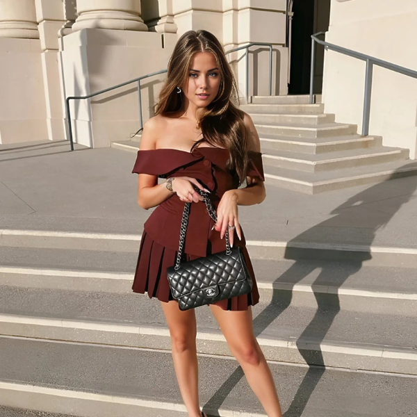 Elena – Off-Schulter-Kleid mit Faltenrock und modernem Design