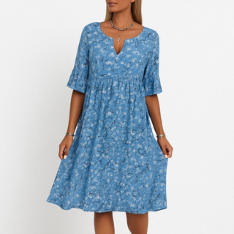 Angelika – Lässiges florales Midikleid mit V Ausschnitt und kurzen Ärmeln