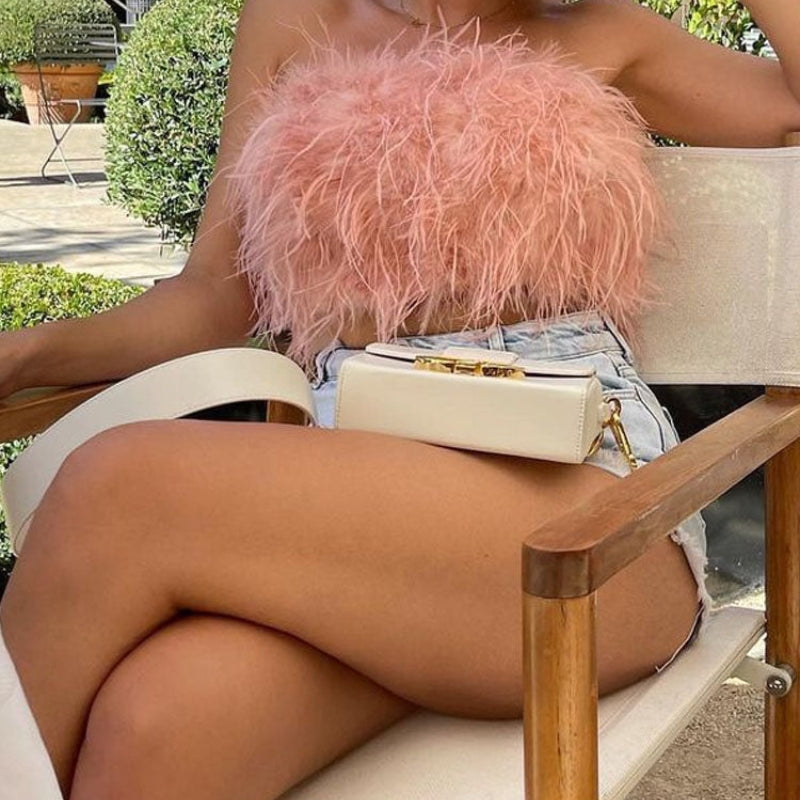 Clara – Stylisches Schulterfrei Top mit Federbesatz und trägerlosem Ausschnitt