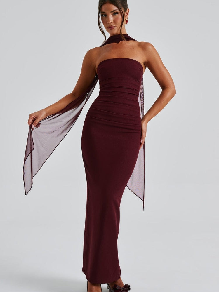 Selene - Trägerloses langes Kleid mit geraffter Taille und fließendem Rock