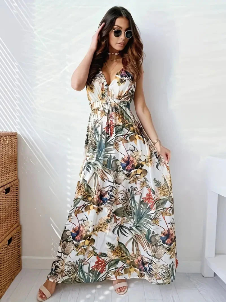 Dagmar - Modisches ärmelloses V Ausschnitt Kleid mit Blumendruck