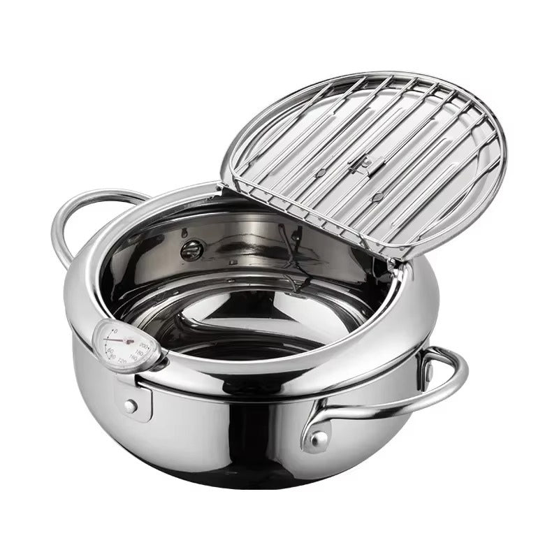 TempuraPro – Bratpfanne mit eingebautem Thermometer und Ölfilter für perfektes Kochen