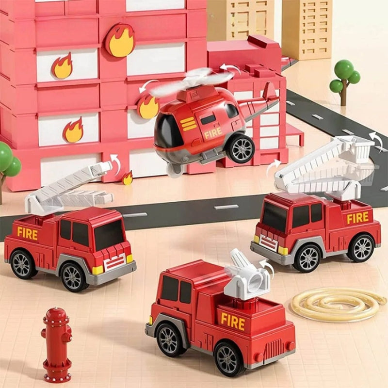 MotorPlay – Doppellagiges Feuerwehrauto Spielzeugset mit Lichtern Musik und Aufbewahrungsfunktion