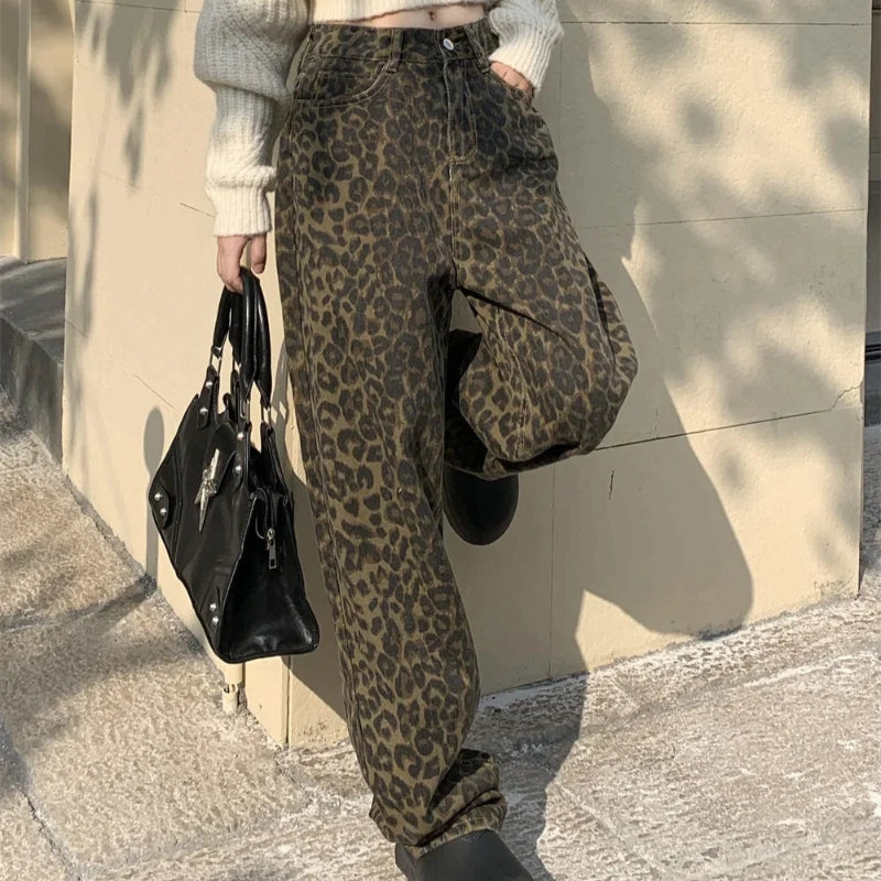 Elke – Modische Hose mit weitem Bein und Taschen Und Leopardenmuster