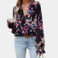 Clara – Blumenmuster V-Ausschnitt Bluse mit Knöpfe und lange Ärmel