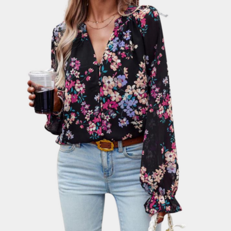 Clara – Blumenmuster V-Ausschnitt Bluse mit Knöpfe und lange Ärmel