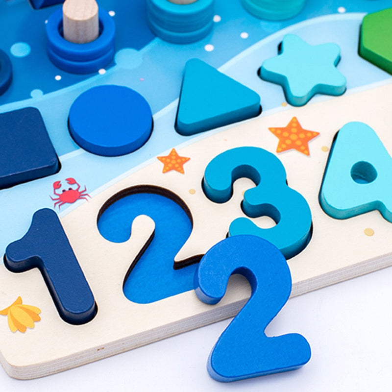 MontiMaze – Montessori Puzzlebrett mit Formen Zahlen und Angelspiel