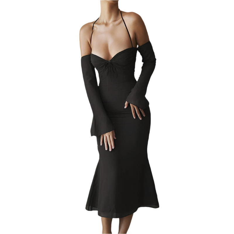 Amelie – Stylisches Schulterfrei Midikleid mit langen Ärmeln