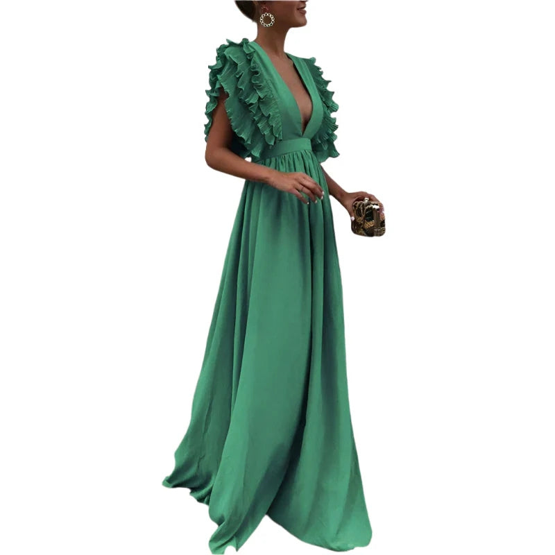 Millie - Elegantes Maxikleid mit tiefem V-Ausschnitt und gerüschter Schulterpartie
