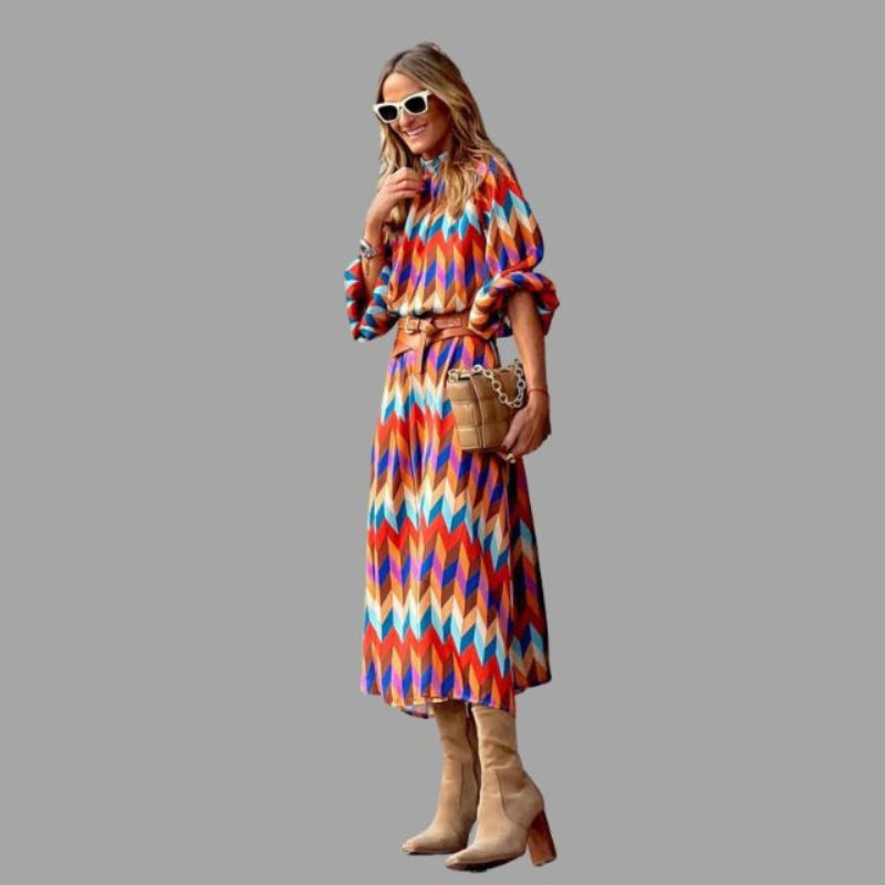 Nela - Modisches Langarm Midikleid mit Gürtel und Stehkragen