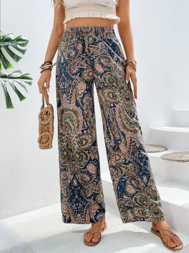 Gudrun - Lässige Hose mit hoher Taille und weitem Bein und künstlerischem Druck