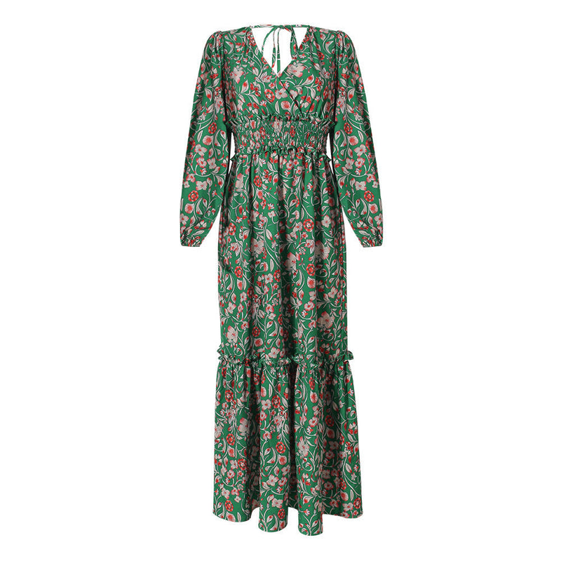 Erika – Stilvolles V-Ausschnitt bedrucktes Kleid mit Lange Ärmel und lockere Passform