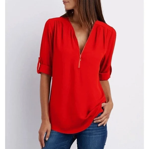 Mila – Lässige V Ausschnitt Bluse mit Reißverschluss Detail und verstellbaren Halbärmeln