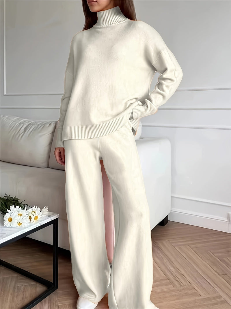 Emilia - Rollkragenpullover Strickpullover Lose Hosen Zweiteiliges Set