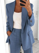 Alina – Elegantes Zweiteiler Satz mit Langarm Reverskragen Blazer und Hose mit weitem Bein