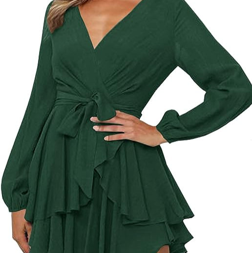 Simone - Modisches Minikleid mit tiefem V-Ausschnitt und Gürtel und Laternenärmeln