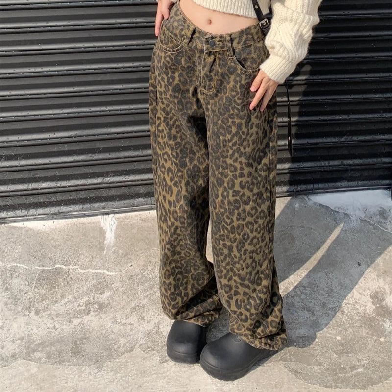 Elke – Modische Hose mit weitem Bein und Taschen Und Leopardenmuster