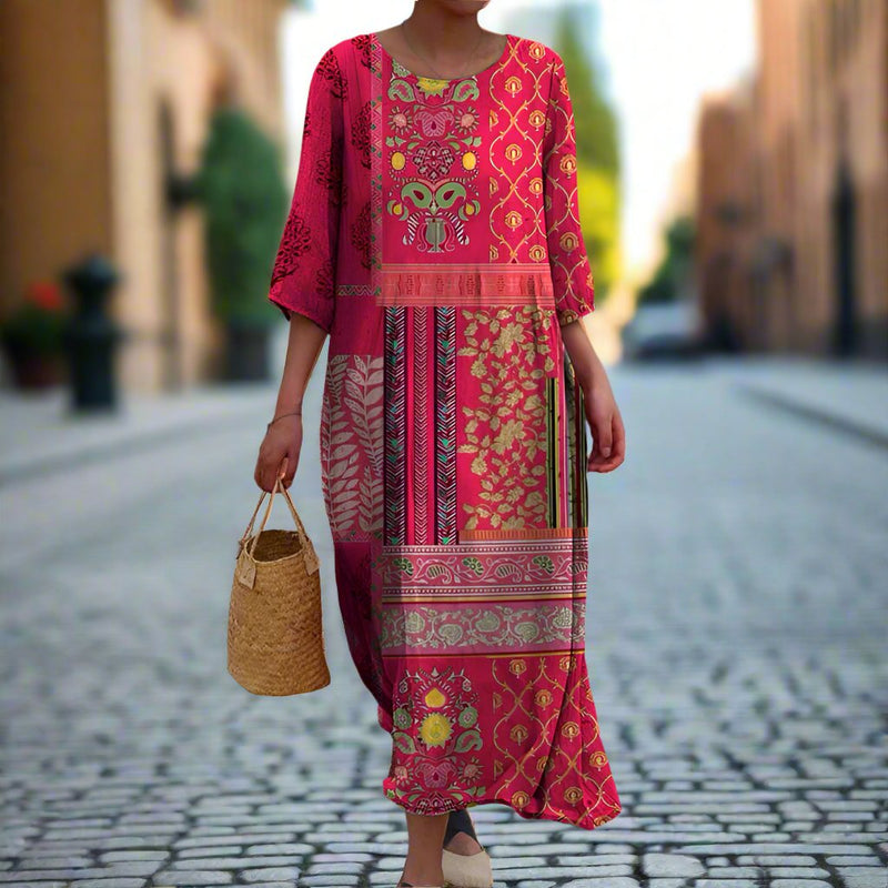 Cordula – Lässiges Lockere Passform Langarmkleid mit Rundhalsausschnitt und Blumenprint