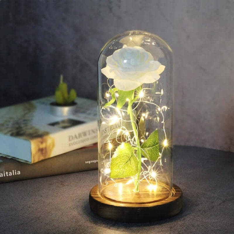 LumiRose – LED Rosen Tischlampe mit Glaskuppel und zwei Stromversorgungsoptionen