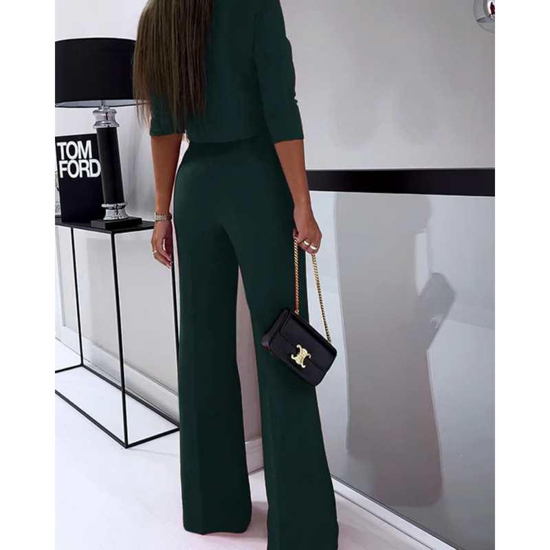 Alina – Zweiteiliges Set mit halbarmigem Rundhals Top und Hose mit weitem Bein
