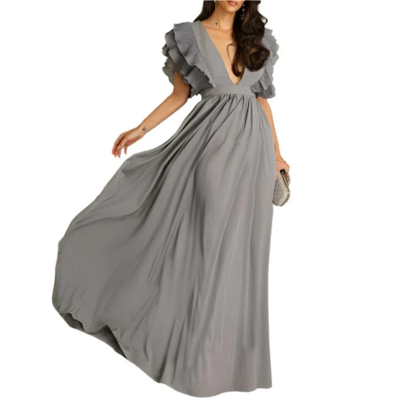 Millie - Elegantes Maxikleid mit tiefem V-Ausschnitt und gerüschter Schulterpartie