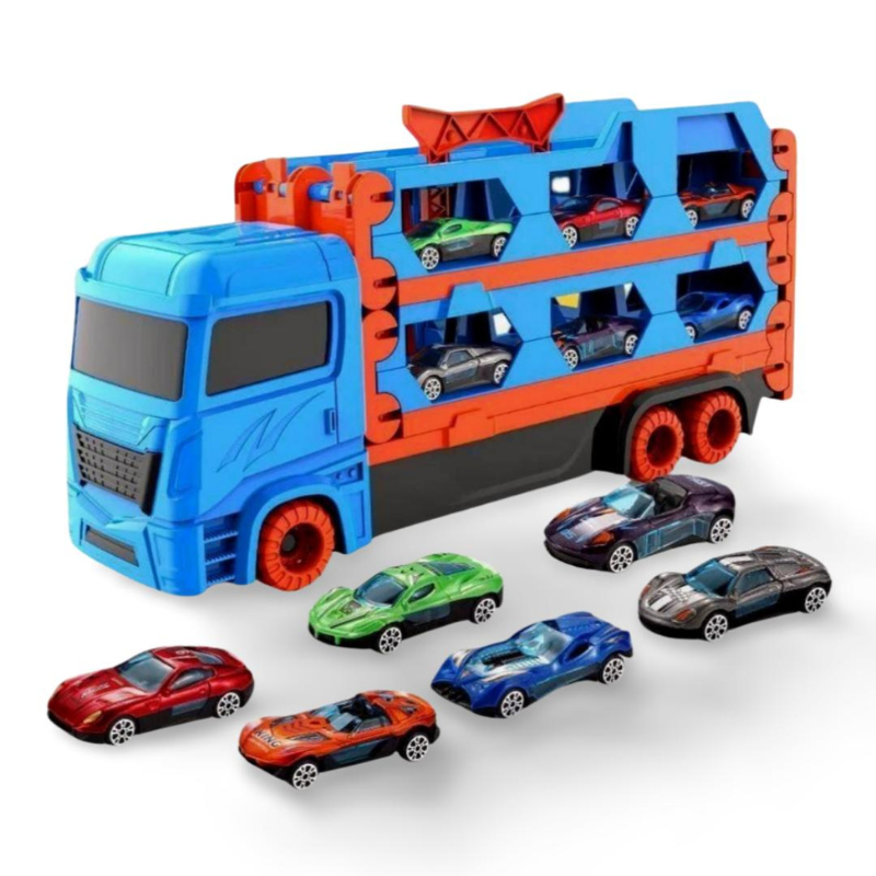 TrackTrekka – 3 in 1 Autotransporter mit klappbarer Rennstrecke und eingebautem Stauraum
