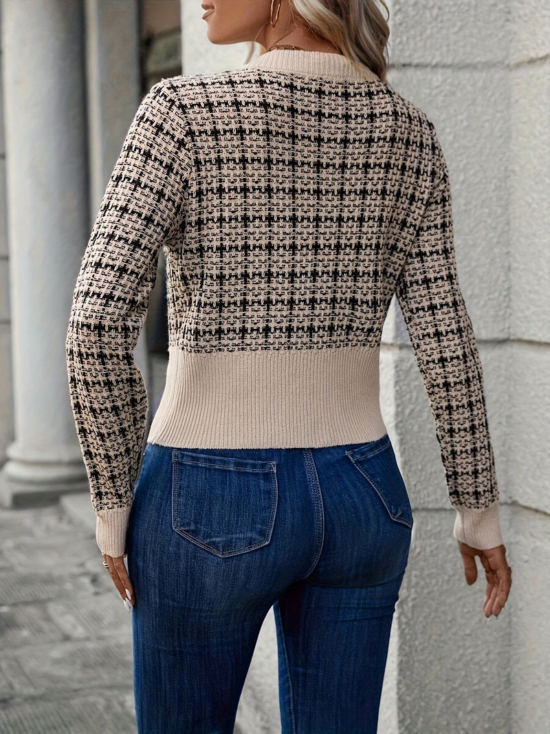 Seraphina - Langärmeliger karierter Strickjacke mit Knöpfen und Tasche