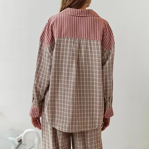 Adeline - Langärmelige karierte Hemden mit weiten Hosen im Zweiteiler Satz