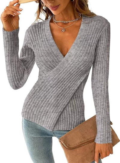 Marie - Langärmelig Gerippt Wickeln Strickpullover