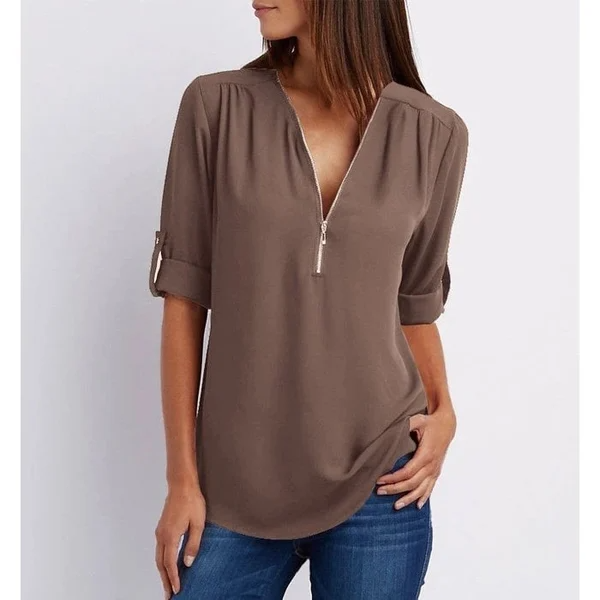 Mila – Lässige V Ausschnitt Bluse mit Reißverschluss Detail und verstellbaren Halbärmeln