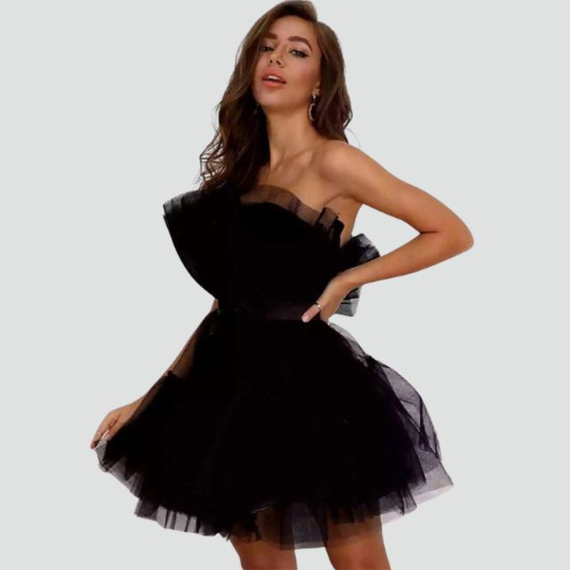 Emma – Stilvolles trägerloses ärmelloses Minikleid mit mehrlagigem ausgestelltem Rockdesign