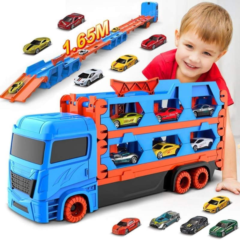 TrackTrekka – 3 in 1 Autotransporter mit klappbarer Rennstrecke und eingebautem Stauraum