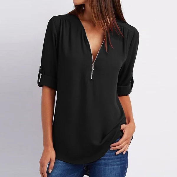Mila – Lässige V Ausschnitt Bluse mit Reißverschluss Detail und verstellbaren Halbärmeln