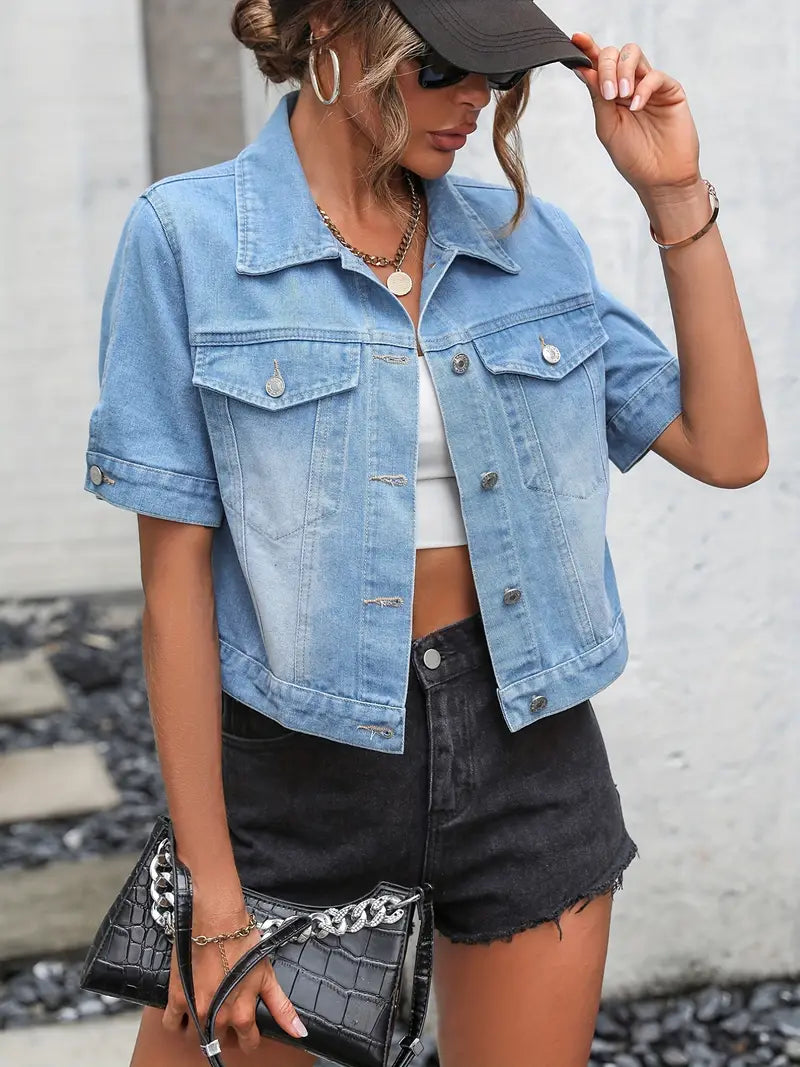 Leonie - Stylische kurzärmelige Jeansjacke mit Knöpfen und Taschen