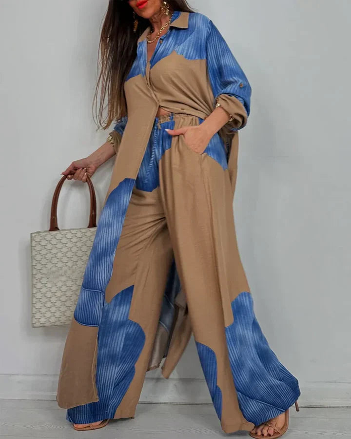 Mila – Lässiges Oberteil mit Knopfleiste Set mit weit geschnittener Hose