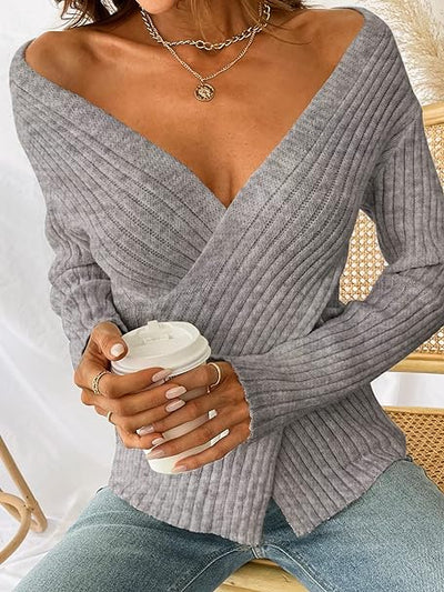 Marie - Langärmelig Gerippt Wickeln Strickpullover