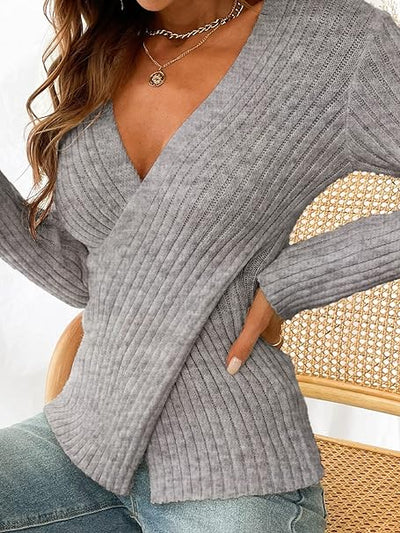 Marie - Langärmelig Gerippt Wickeln Strickpullover