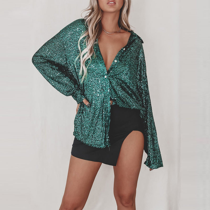 Elena - Langärmliges Paillettenhemd mit Reversdesign und Button-Down-Verschluss