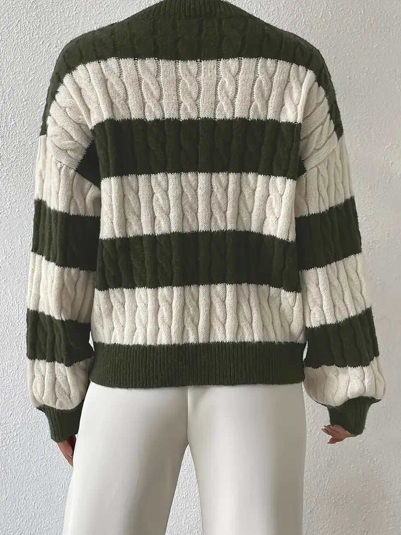 Pauline - Lässiger Langärmelig V Ausschnitt Gestreift Strickpullover