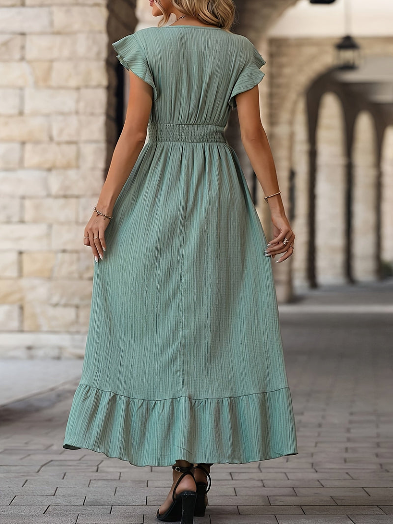 Gianna - Elegantes V Ausschnitt Kleid mit hoher Taille  und Rüsche Ärmeln