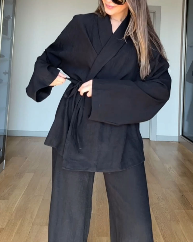 Sarah – Zweiteiliges Satz mit Langarm Oberteil mit V Ausschnitt und Hose mit elastischer Taille