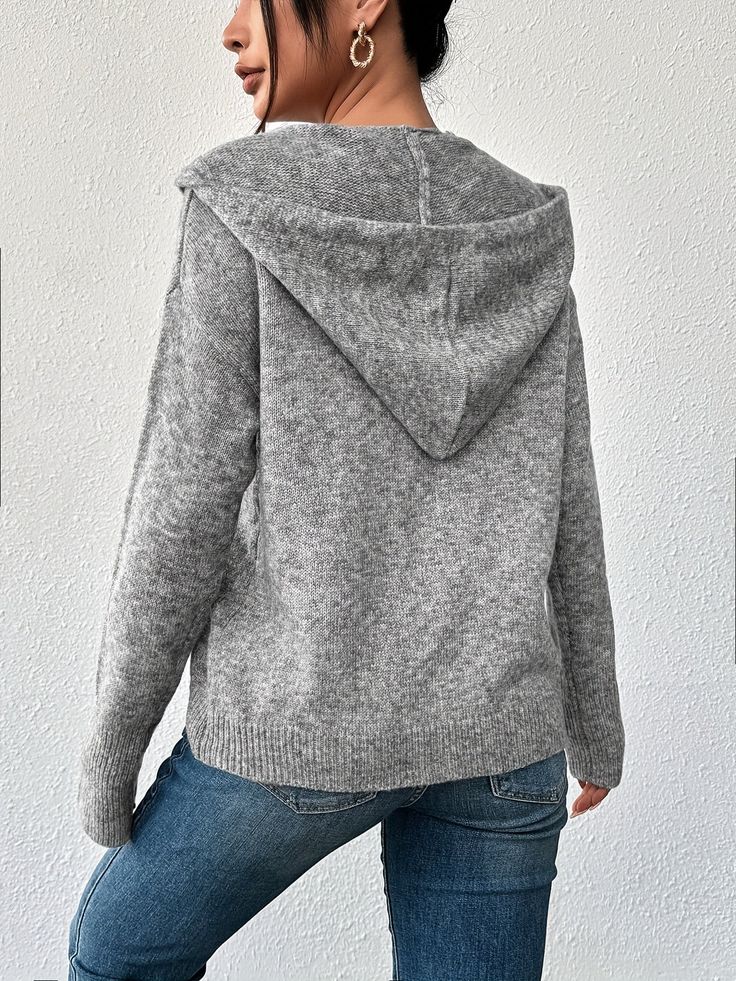 Ella - Langärmeliger Gestrickt Kapuze Strickjacke Mit Schaltflächen