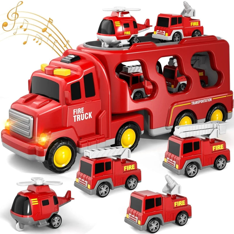 MotorPlay – Doppellagiges Feuerwehrauto Spielzeugset mit Lichtern Musik und Aufbewahrungsfunktion